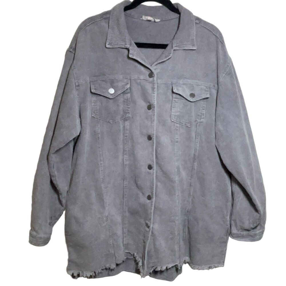 Peach Love Women's L Gray Corduroy Jacket Cotton Lined Button Up Bohemian Casual
